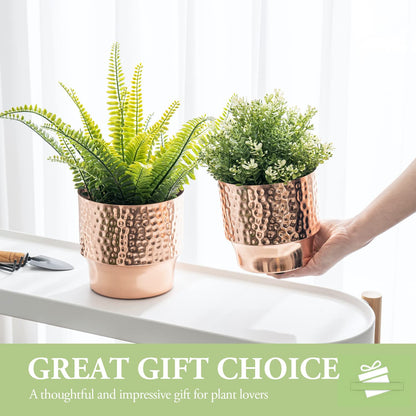 MyGift 5 and 6 Inch Modern Hammered Copper Tone Metal Planter Pots, Decorative Flower Pot Plant Container Centerpiece Décor, 2 Piece Set - Handcrafted in India