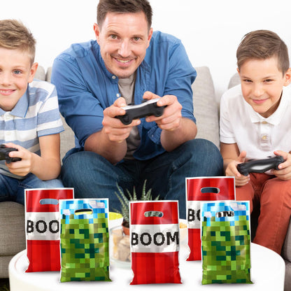50pcs Party Favor Bags, Pixel Video Game Theme Gift Treat Bags Boom Plastic Candy Snack Bag with Handles for Kids Boys Girls Gamers Birthday Party Supplies (Blue, Green, Red)