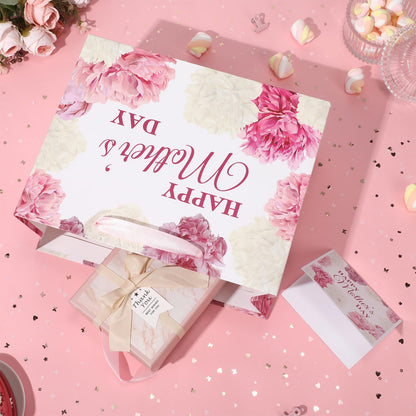 Yoirrat Mother's Day Flower Gift Bags White and Pink Happy Mother's Day Floral Gift Bags with Handle Gift Bags with Wrapping Paper Card Large Mothers Day Paper Bags Mothers Day Gifts Party Supplies
