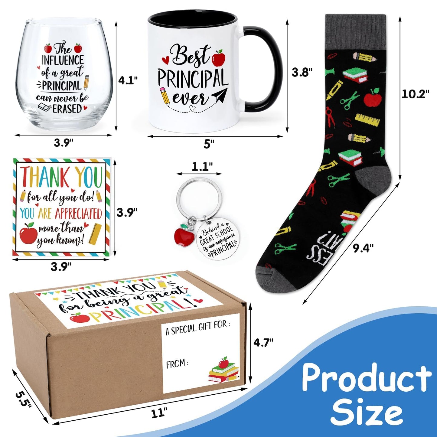 Nefelibata 5Pcs Principal Appreciation Gifts for Man Women School Assistant Funny Socks Wine Glass Coffee Mug Keychain Thank You Card Gift Box for Principal Work Graduation Christmas Retirement Gifts