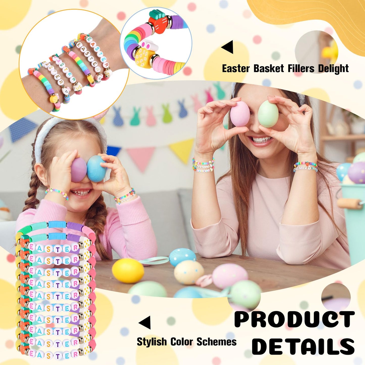 Landical 30 Pcs Easter Party Bracelets Gifts Bulk Easter Bunny Egg Carrot Polymer Clay Beaded Stretch Bracelets Bulk for Party Supplies Basket Stuffers Egg Fillers Gifts for Kids Easters Hunt