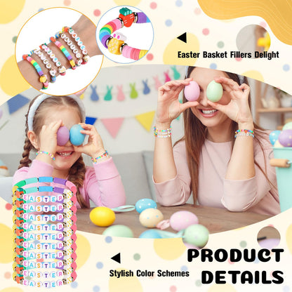 Landical 30 Pcs Easter Party Bracelets Gifts Bulk Easter Bunny Egg Carrot Polymer Clay Beaded Stretch Bracelets Bulk for Party Supplies Basket Stuffers Egg Fillers Gifts for Kids Easters Hunt