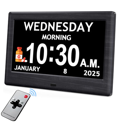 7'' Digital Clocks, 12 Reminders & 6 Alarms, Dementia Clock with Date and Time for Elderly, Auto-Dimming, Button & Remote Control, Auto DST, Digital Calendar for Seniors Large Display, Black Woodgrain