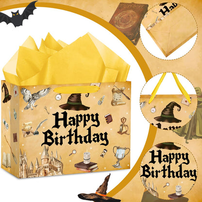 Abilat Large Wizard Birthday Gift Bag with Tissue Paper and Greeting Card Reusable Magical Hat Party Favor Wrapping Bag for Kids Boys Girls Wizard Themed Birthday Decorations Halloween Party Supplies