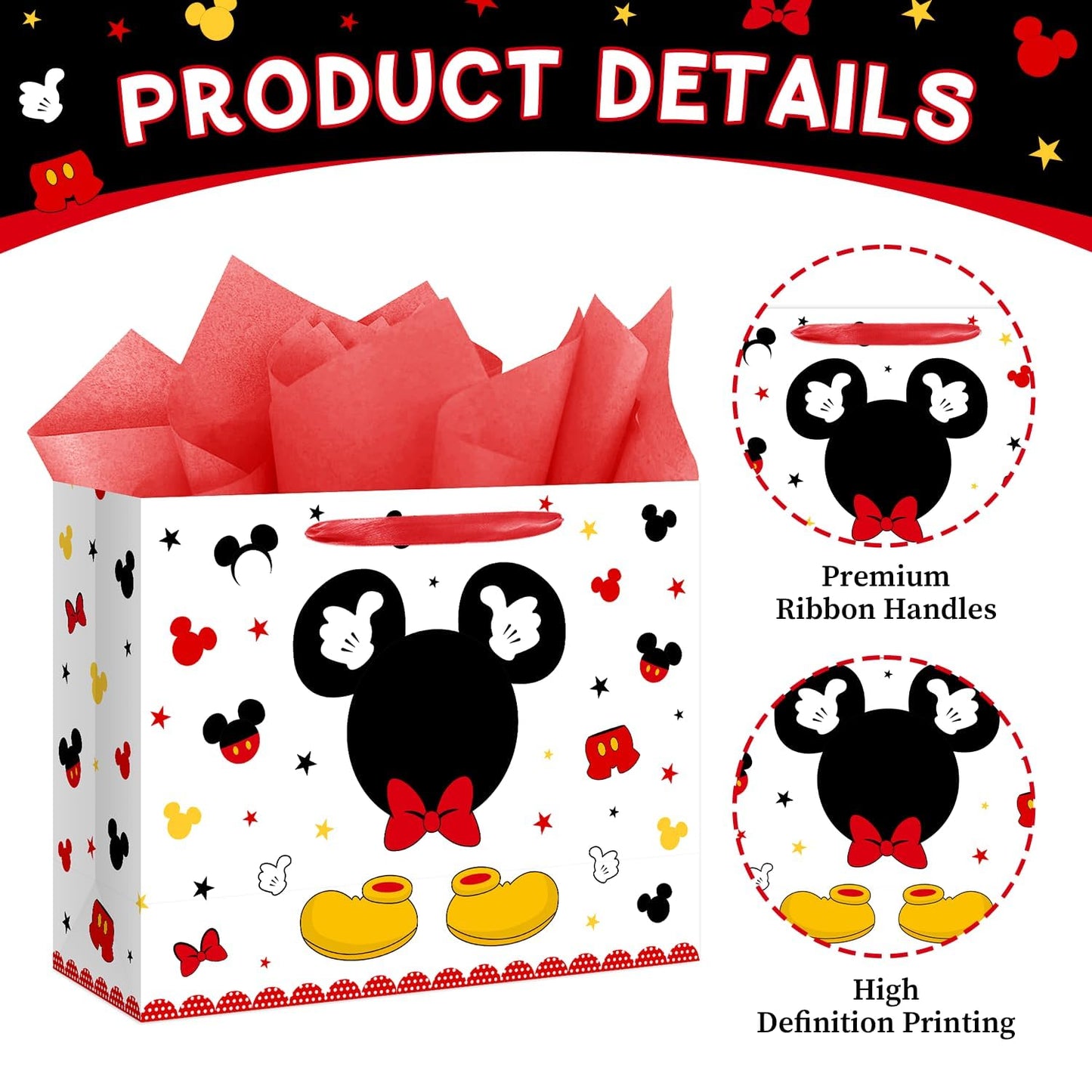 13" Large Red Mouse Happy Birthday Gift Bag Set with Handles, Greeting Card and Tissue Papers Red Black Gift Wrapping Paper Bag for Girls Kids Teens 13"L x 10.2"H x 4.9"W
