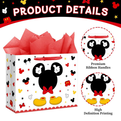 13" Large Red Mouse Happy Birthday Gift Bag Set with Handles, Greeting Card and Tissue Papers Red Black Gift Wrapping Paper Bag for Girls Kids Teens 13"L x 10.2"H x 4.9"W