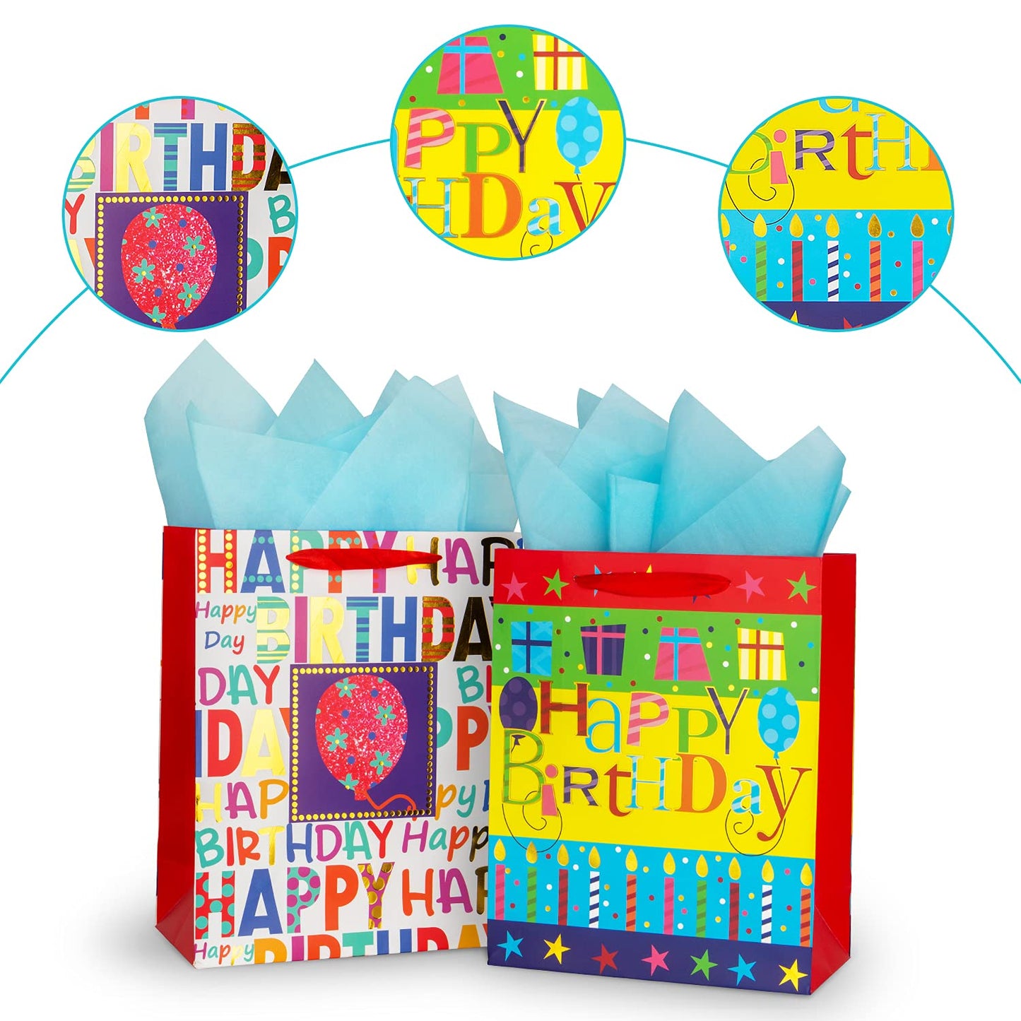 2-Pack 12.6" Large Happy Birthday Gift Bags for Birthday Party with Tissue Paper