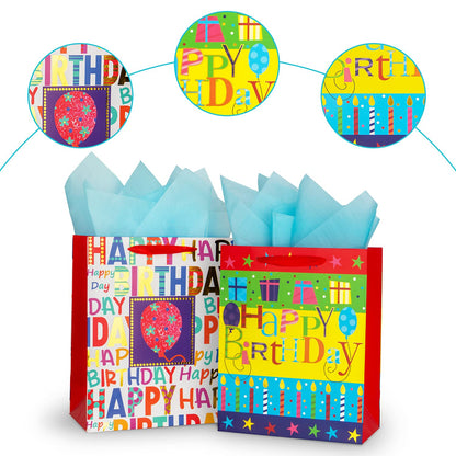 2-Pack 12.6" Large Happy Birthday Gift Bags for Birthday Party with Tissue Paper