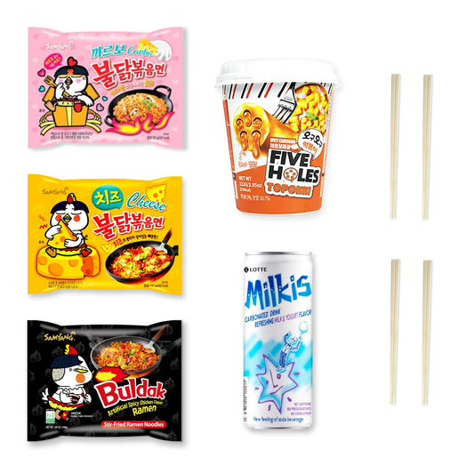 Korean Spicy Ramen Box | 3 Buldak Ramen “Original, Cheese, Carbo +1 Korean Spicy Rice Cake Tteokbokki +1 Korean Sweet Drink + 4 Chopsticks | Korean Food Box Gift - Journey of Korea