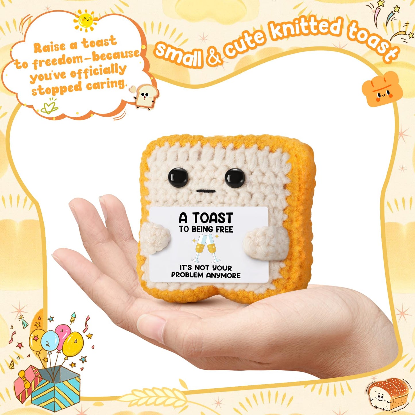 Crochet Toast “A Toast to Being Free” Plush – Funny Celebration Gifts for Woman Men Best friend Coworker “It’s Not Your Problem Anymore” Card for Leaving Workor, Retirement, Divorce, Graduation Gift