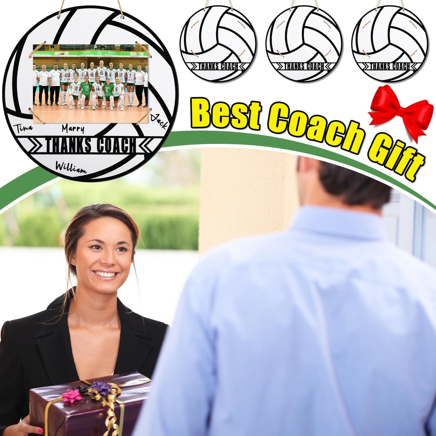 Cinnvoice 4 Set Volleyball Thanks Coach Picture Frames with Signature Pens Fits 4 x 6 Inches Photos Wooden Picture Frame Thanks Volleyball Coach Gift from Team Coaches Appreciation Home Plate Plaque
