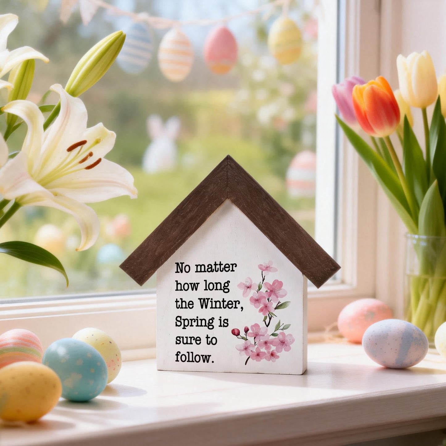 MBL Spring Decorations for Home Office - Wood Spring Inspirational Gifts Easter Basket Stuffers Essentials Farmhouse Rustic Table House Bedroom Living Room Tiered Tray Decor for Women Men Coworkers