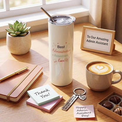 Patelai Administrative Professional Day Gifts Set 20oz Best Administrative Assistant Ever Stainless Steel Insulated Travel Tumbler and Employee Boss Appreciation Keychain for Admin Assistant