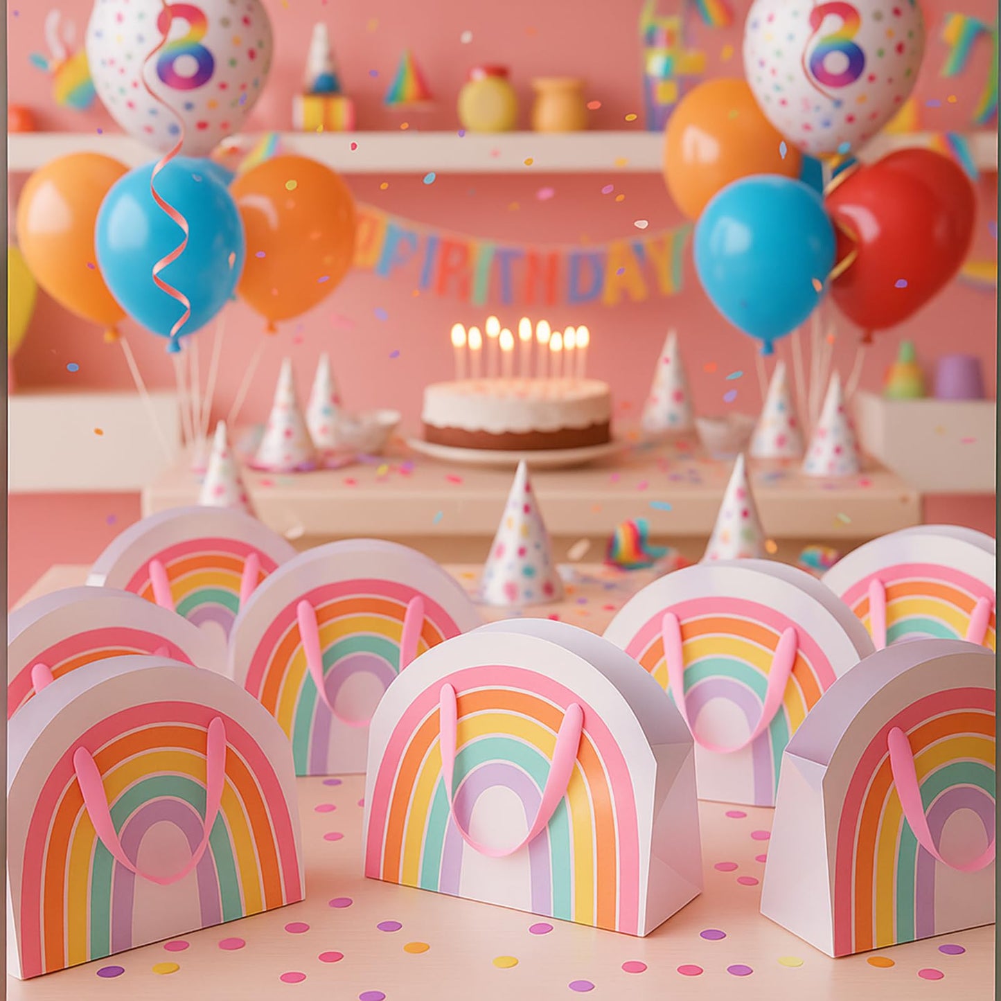 AmazingSpark 24 Pcs Rainbow Party Favor Bags 7.9 x 6.7 x 3.9 Inch Rainbow Gift Goodie Bags with Handles Colorful Treat Candy Gift Wrap for Birthday Baby Shower Wedding Party Favors Supplies