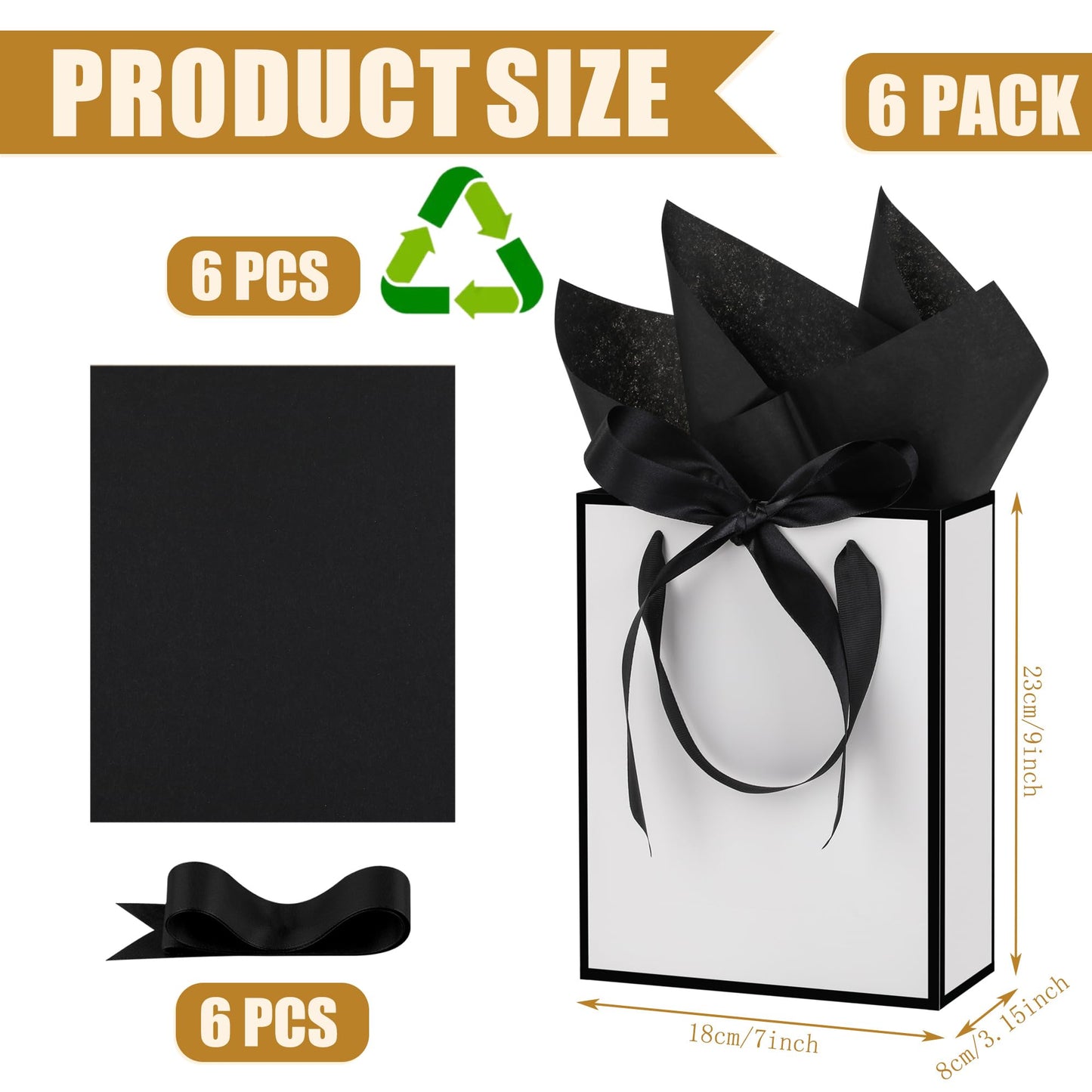 OEMVALATY 6 Pcs Thank You Gift Bags with Handles and Tissue Paper 9 x 7 x 3. 15'' Elegant Welcome Gift Bags with Bow Ribbon for Wedding Bridesmaid Baby Shower Groomsmen Birthday Party(White, Black)