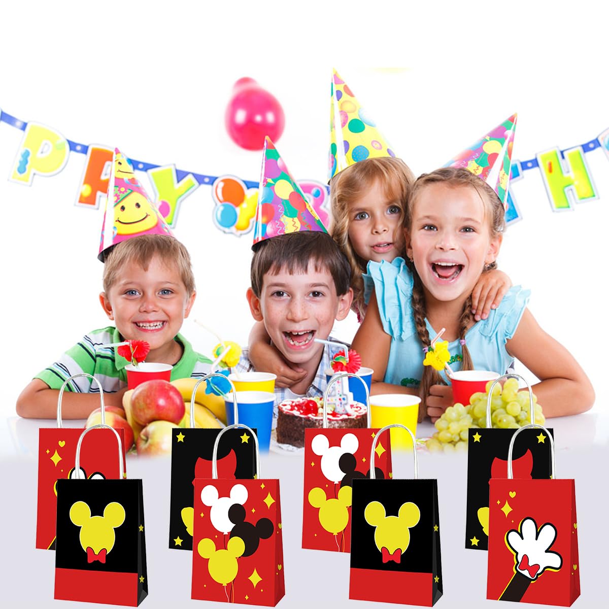OU RUI 12Pcs Mouse Birthday Party Gift Bag Kids Birthday Candy Snack Carry Paper Bags Cartoon Mouse Theme Party Decoration Supplies