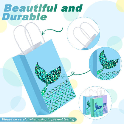Zonon Mermaid Treats Goodie Candy Bags Set Princess Theme Party Gift Paper Bags Storage Portable for Birthday Pool Party Favors Supplies (18 Pcs)