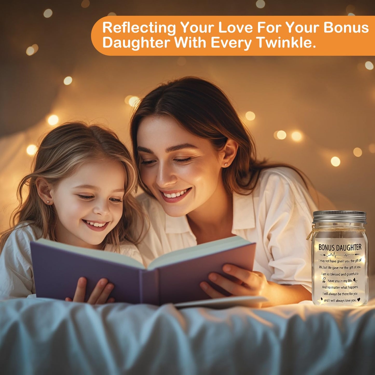 Bonus Daughter Mason Jar Night Light, Bonus Daughter Birthday Gifts from Stepmom, Step Daughter Gifts, Gifts for Daughter in Law