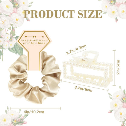 Bridesmaid Proposal Gifts, 12 PCS Bridesmaids Silk Hair Scrunchies & Pearl Hair Clips Set for Women Bachelorette Party Favors Bridal Shower Favors Bridesmaids Gifts for Wedding Day (Champagne Gold)