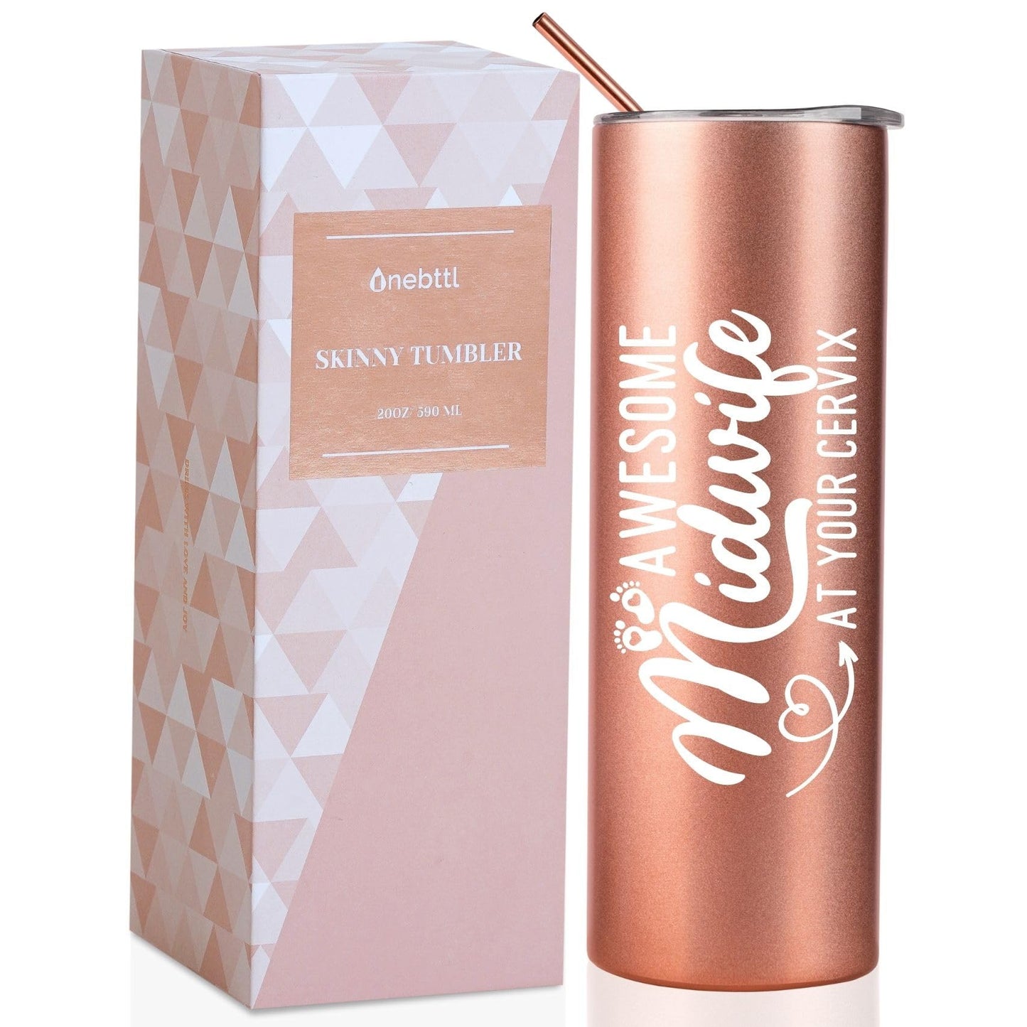 Onebttl Midwife Gifts for Women, Obgyn Doula Gifts for Doctors Nurse, 20oz Skinny Vacuum Insulated Travel Mug Tumbler for Coworkers, Rose Gold, Awesome Midwife