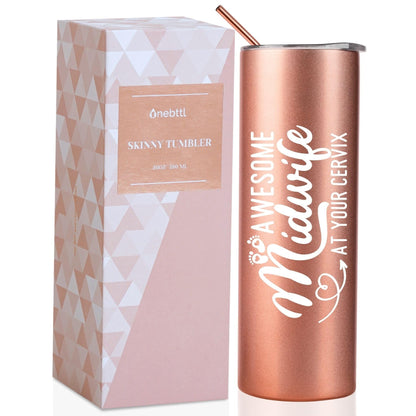 Onebttl Midwife Gifts for Women, Obgyn Doula Gifts for Doctors Nurse, 20oz Skinny Vacuum Insulated Travel Mug Tumbler for Coworkers, Rose Gold, Awesome Midwife