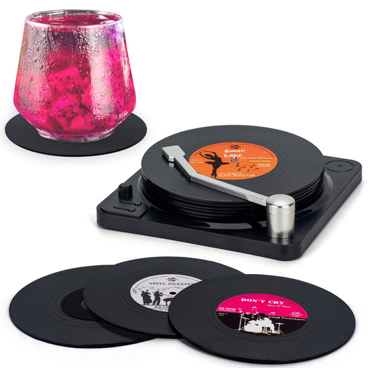Valdivia Funny Retro Vinyl Record Coasters with Player, 6 Pcs Music Coasters for Drinks, Bars, Party, Birthday Gifts for Music Lovers, Home Decor Housewarming and White Elephant Gifts Ideas
