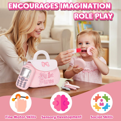 My 1st Purse Plush Toy Set – 5 PCS Sensory Toddler Purse for Little Girls Including Phone, Lipstick, Keys & Mirror, First Birthday Gift for Baby Toddler Girl Ages 1-3 (Pink)