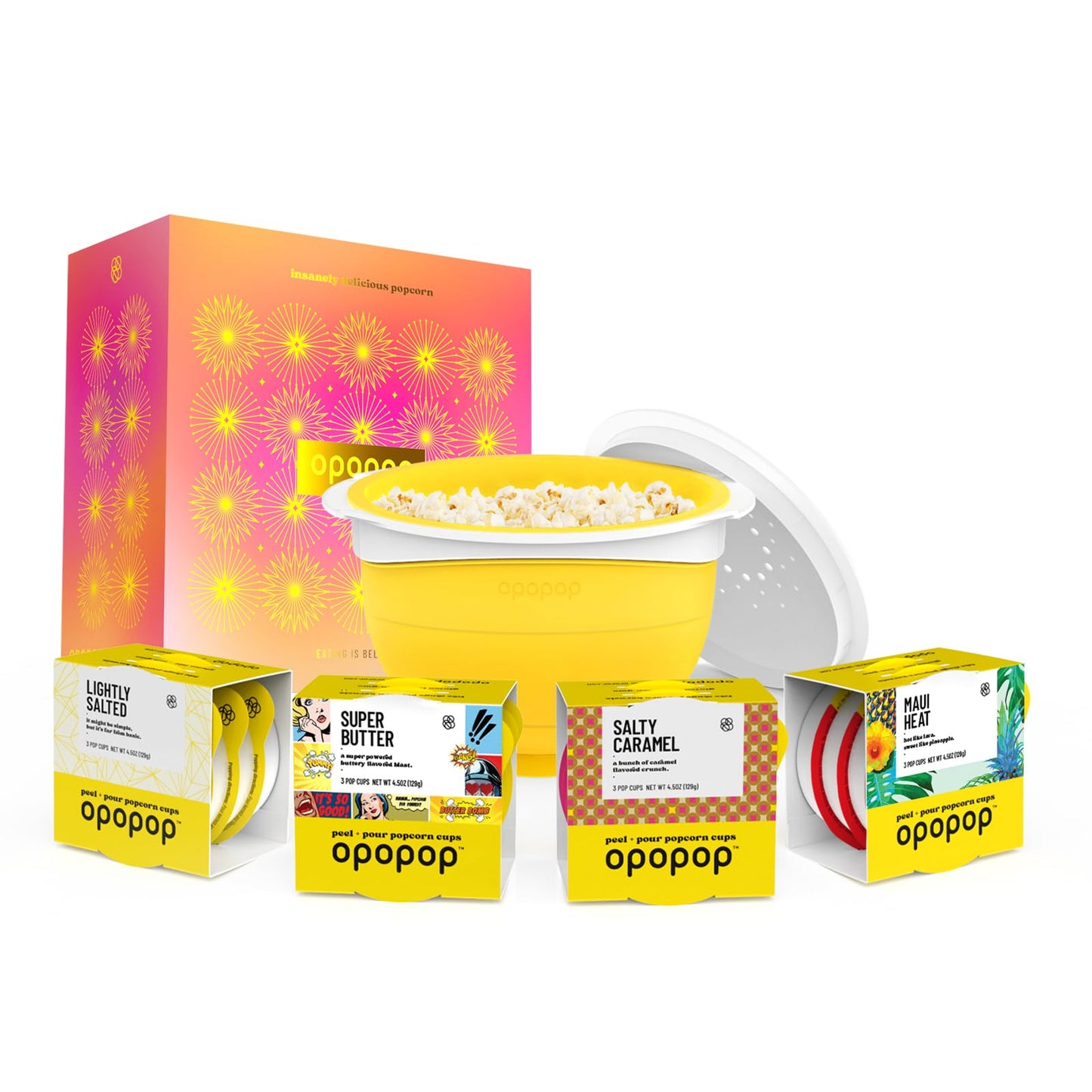 Opopop Gourmet Popcorn Gift Set - Variety 12-Pack Microwave Popcorn Kit, Collapsible Silicone Popcorn Popper, Gift Ready Packaging, Gluten Free Snacks Variety Pack, BPA-Free and Dishwasher Safe