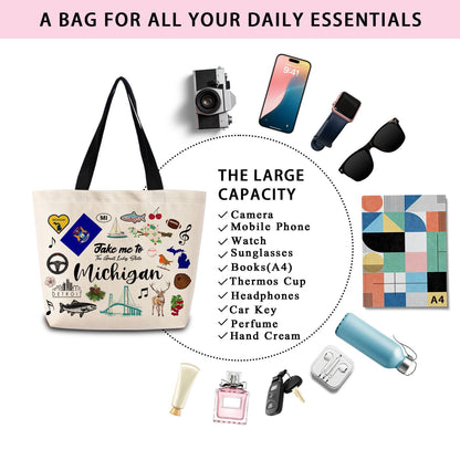 Take Me To Michigan Tote Bag Reusable Grocery Bags Aesthetic Shopping Shoulder Handbag with Interior Pocket Lightweight & Washable Stylish Michigan Travel Present for Women