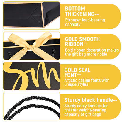Large 5 Senses Gift Bags for Him Her, Gold Foil Sight Smell Touch Taste Sound Gift Bags,Five Senses Gift Bag for Him with Handles and Tissue Paper for Birthday, Mothers Day, Anniversary, Christmas12 x 10 x 4 Inch (Black)