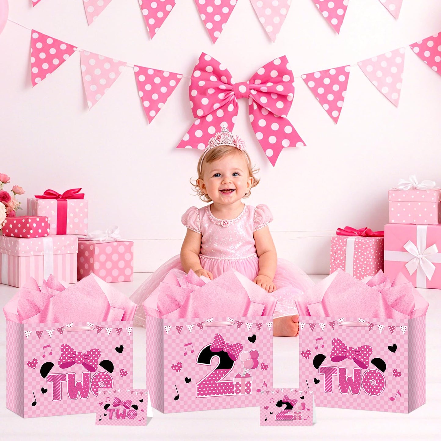 Cartoon Mouse 2nd Birthday Gift Bag Pink Mouse 2nd Birthday Bag with Tissue Paper and Card Pink Plaid Bow Two Years Old Gift Wrapping Paper Bags for Baby Girls Shower Princess 2 Year Old Party Decor