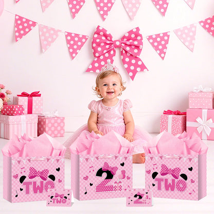 Cartoon Mouse 2nd Birthday Gift Bag Pink Mouse 2nd Birthday Bag with Tissue Paper and Card Pink Plaid Bow Two Years Old Gift Wrapping Paper Bags for Baby Girls Shower Princess 2 Year Old Party Decor