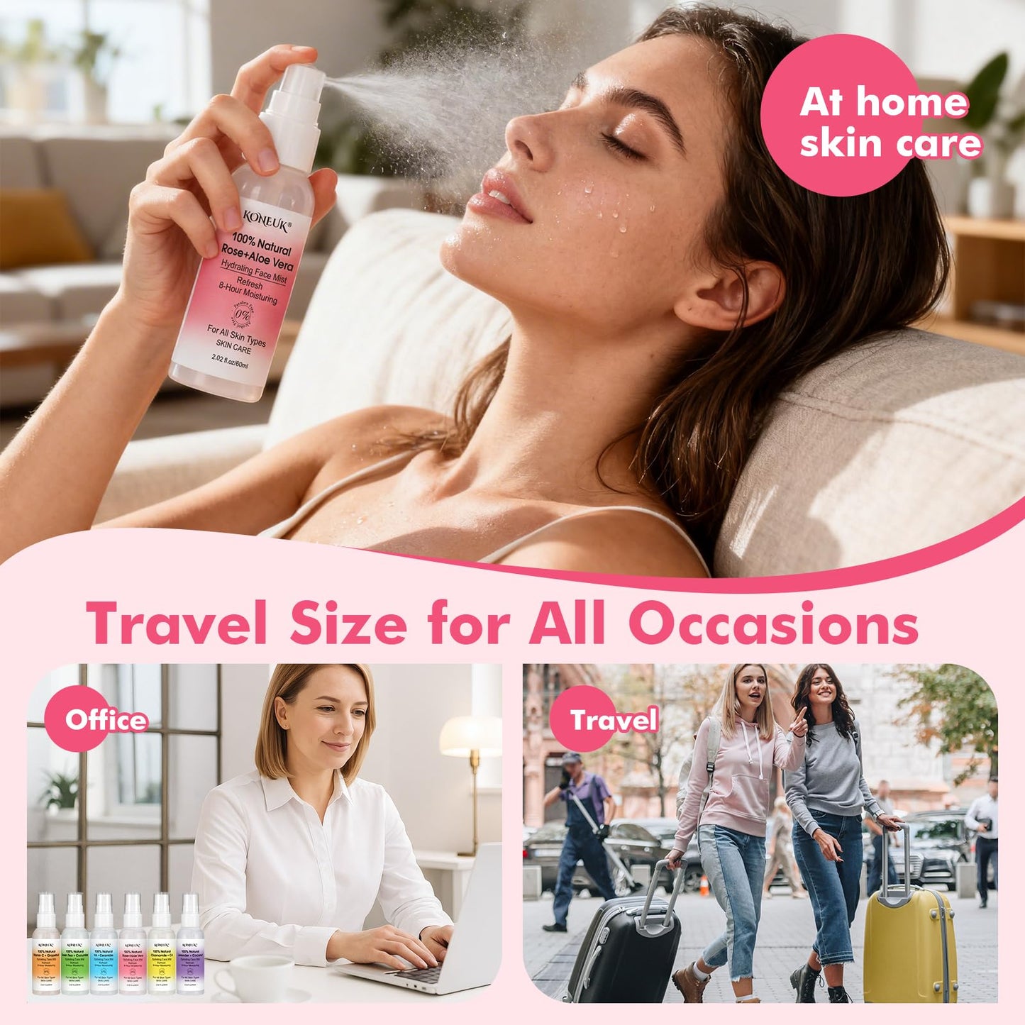 KONEUK Skincare Refreshing Face Mist Kit-Long Hydration and Soothing Facial Spray for Glowing Skin Care, Mini Face mist Gifts for Women, Mothers Day Gifts, Teacher Gifts, Trave Size2.02 fl oz 6 Pack