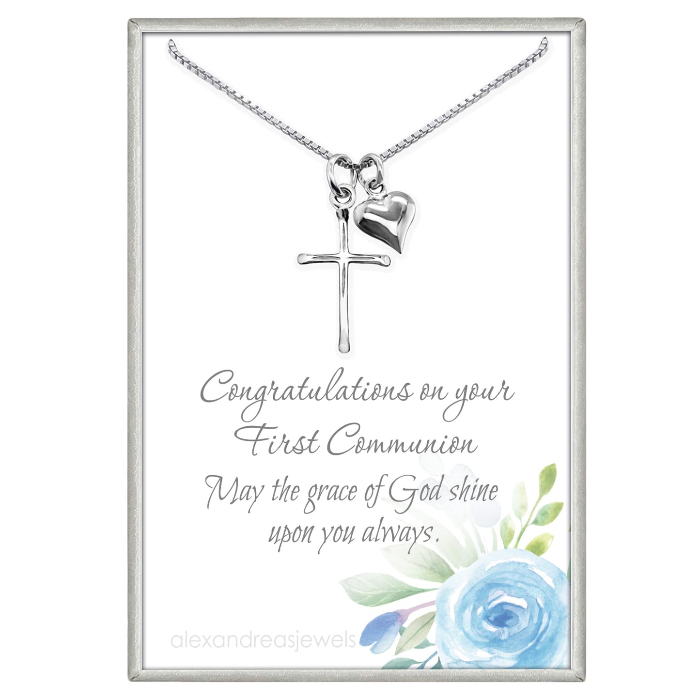 Sterling Silver Cross Necklace for Girls, Sterling Silver Cross with Puffed Heart Charm, First Communion Gift Necklace for Daughter, Goddaughter Gift Necklace