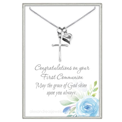 Sterling Silver Cross Necklace for Girls, Sterling Silver Cross with Puffed Heart Charm, First Communion Gift Necklace for Daughter, Goddaughter Gift Necklace