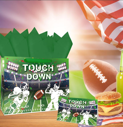 MUNILAIL 13 Inches Football Gift Bag Large Gift Bag with Handle Tissue Paper and Greeting Card for Birthday Baby Shower Football Themed Party Large Paper Gift Bag