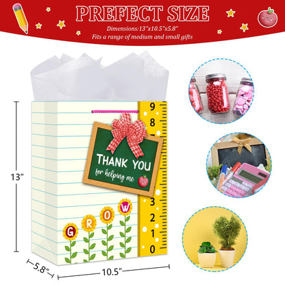 BIZIBAFF Teacher Appreciation Gift Bag - 13" Large Teacher Gift Bag with Tissue Paper and Handle Thank You Teachers Retirement Gifts Bag Graduation End of Year Gift for Teachers Appreciation