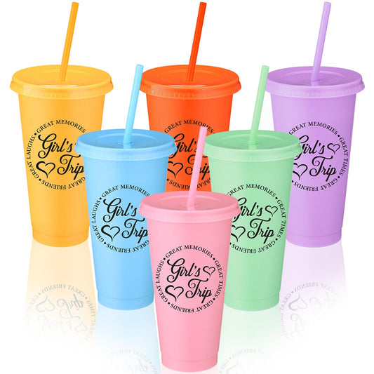 CHENGU 6 Set Girls Trip Gifts Favors Weekend Gifts 2026 for Girls Women Trip Cup with Lid Straw 24oz Plastic Tumbler Travel Friendship Cup for Friend Bachelorette Vacation Party (Colorful)