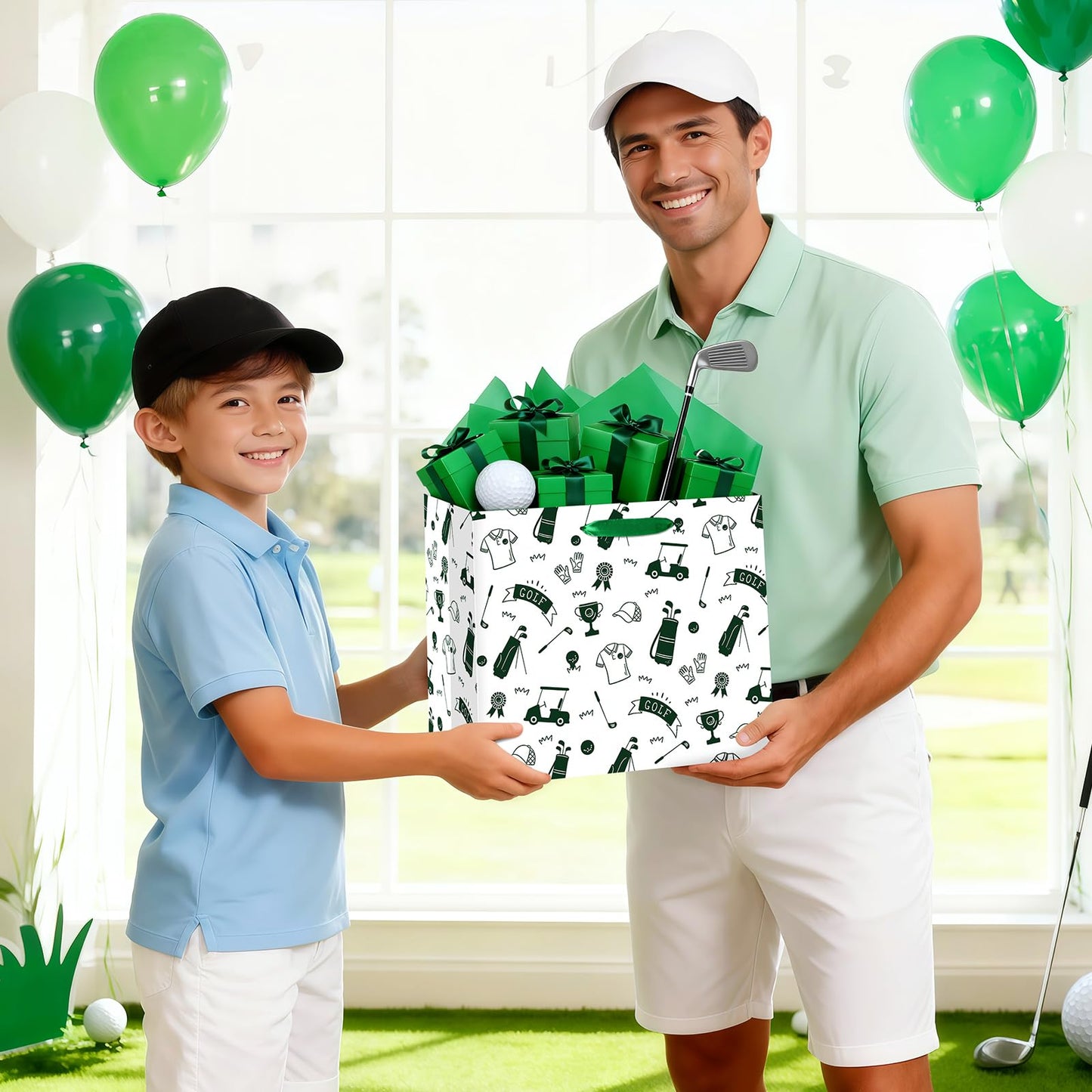 Wayyogh Golf Gift Bag for Boys & Men - Golf Theme Birthday Gift Wrapping Bag with Tissue Paper, Greeting Card, Decorations - Sports Party Favors - Green, 30 x 24 x 13.5cm