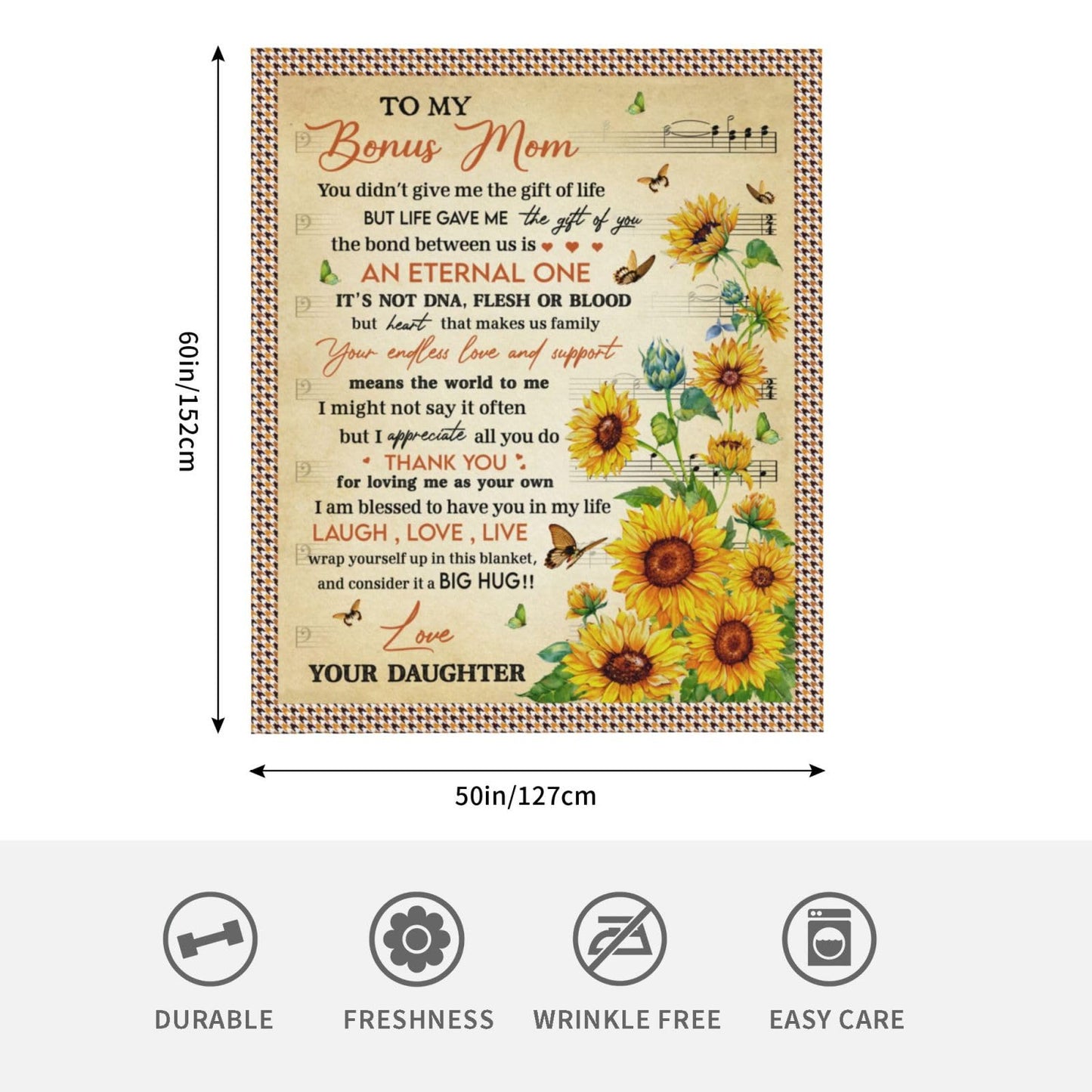 puekrtoa Bonus Mom Blanket 60"X50", Stepmom Gift, Gifts for Bonus Mom/Stepmom from Daughter, Best Bonus Moms Birthday Retirement Gift