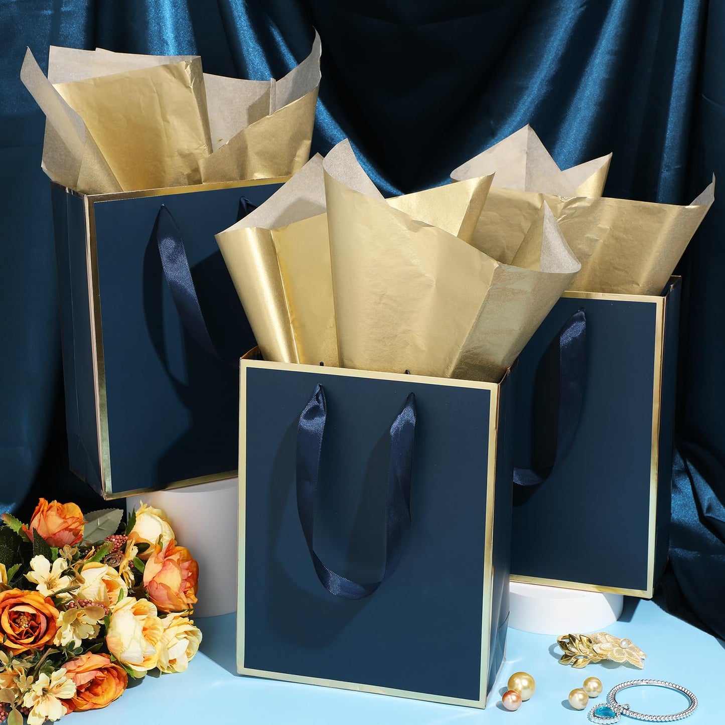 Yeaqee 24 Pack Metallic Paper Gift Bags with Handle and Tissue 9x7x3.1 Gold Foil Welcome Thank You Favor Bags Return Gifts for Wedding St. Patrick's 5 Senses Bridesmaid Birthday(Navy Blue, Gold)