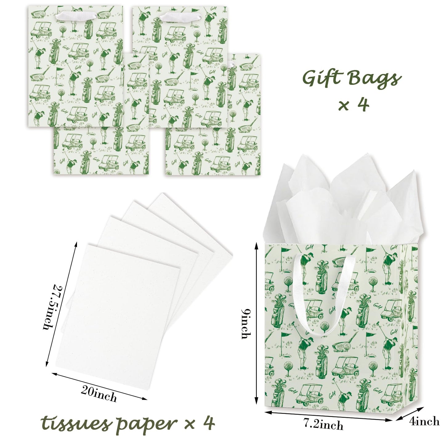 wjrsxilt Golf Party Gift Bags Set of 4 - Medium Sized 9" Gift Bags with Handles incl for Sports Party Favors - Reusable & For Presents of Any Birthday, Valentine's Day, Holiday for Kids Men
