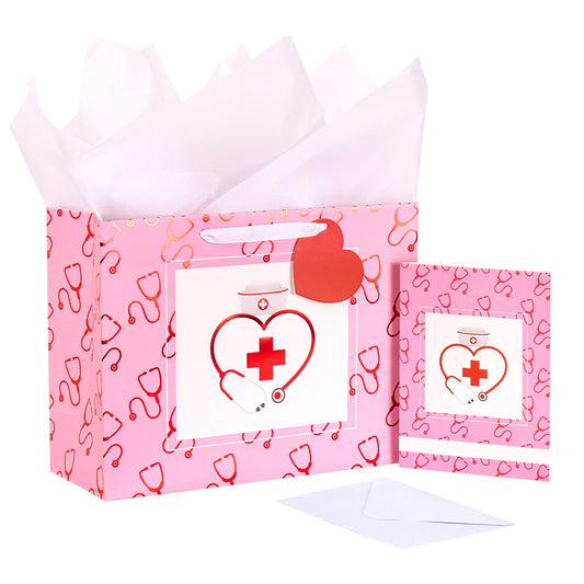 LeZakaa Nurse Graduation Gift Bag with Tissue Paper, Heart Gift Tag, 13" Pink Gift Bag with Nurse Cap & Stethoscope Design, for Nurses Day, for Medical School Graduates Healthcare Workers