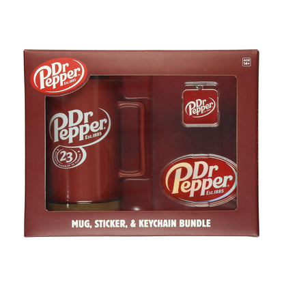 Culture Fly Dr Pepper 16 oz Travel Coffee Mug Keychain and Holographic Sticker Bundle Set
