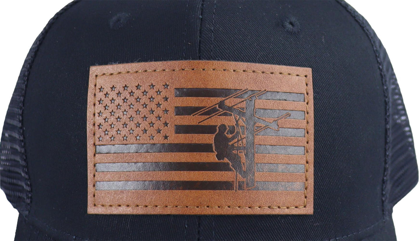 American Flag with Lineman Hats for Men, Adjustable Leather Patch Electrician Baseball Cap