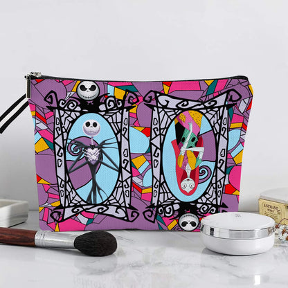 Portable Jack & Sally Themed Makeup Bag, Before Xmas Nightmare Cosmetic Bag, Jack Skellington & Sally Portable Travel Cosmetic Organizer- Cotton & Linen, Water-Resistant, 9.8x7 Inches