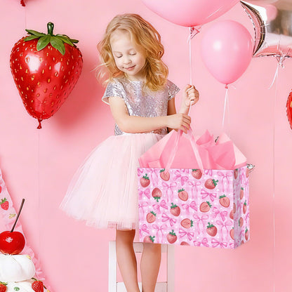 Hooqict Large Strawberry Bow Gift Bag Pink Birthday Gift Wrapping Bag with Handles, Tissue Paper, Greeting Card for Girls Kids Women Sweet Strawberry Birthday Decorations Baby Shower Valentines Mothers Day