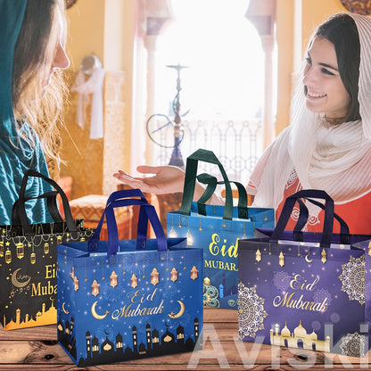 Aviski 4PCS Eid Mubarak Reusable Gift Bags, Treat Bags with Handles, Eid Mubarak Party Bags, Multifunctional Non-Woven Eid Bags for Gifts Wrapping, Party Supplies