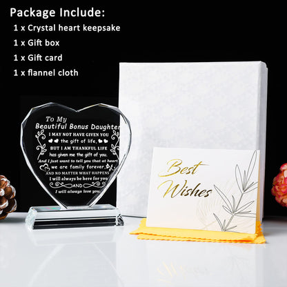YWHL Bonus Daughter Gifts from Mom Dad, To My Bonus Daughter Heart Shaped Crystal Keepsake, Gifts for Stepdaughter from Stepmom Stepdad on Birthday Christmas Graduation