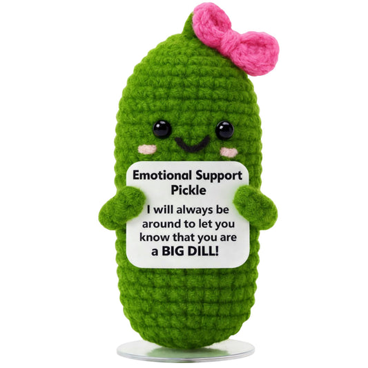 Emotional Support Pickle Crochet with Stand. Handmade Positive Pickle Gift for Women, Friends, Family, Co Workers. Birthday Gifts. Best Friends (Pink Support Pickle)